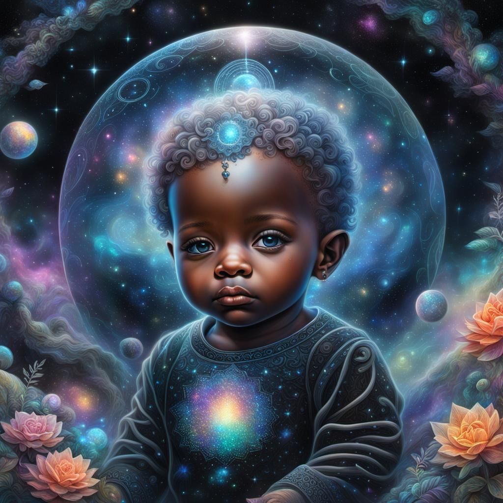 Holographic Astral Baby Illustration in Mixed Media