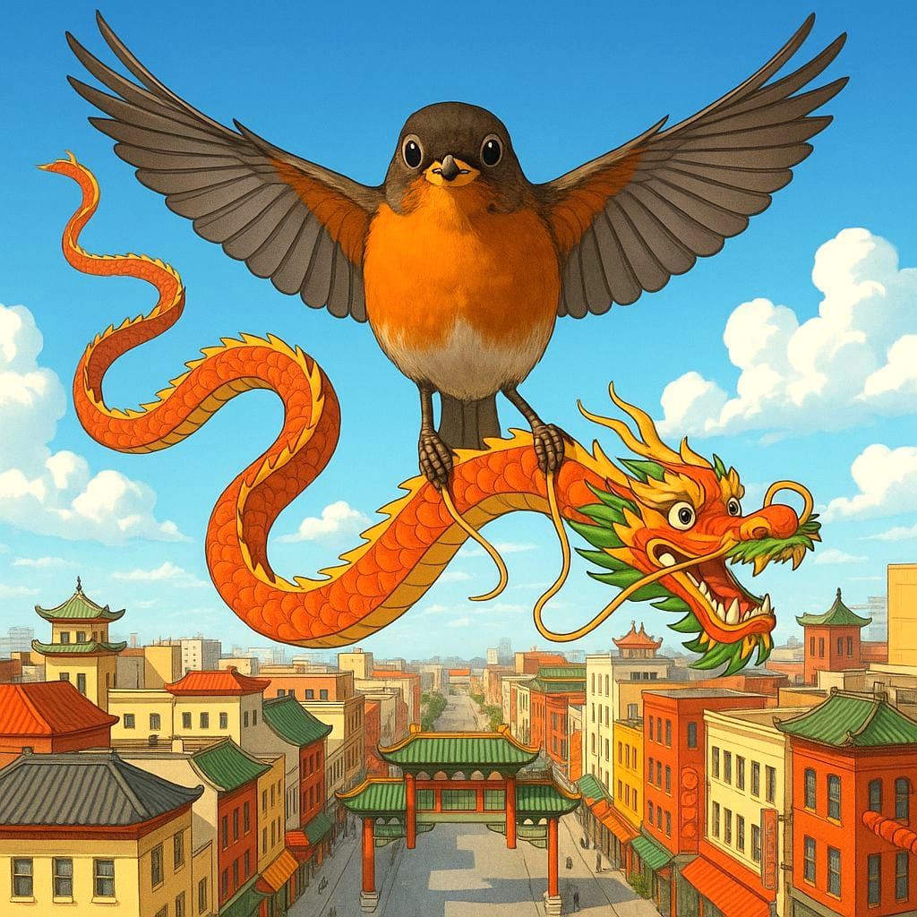 Robin Flying with Paper Dragon Over Chinatown