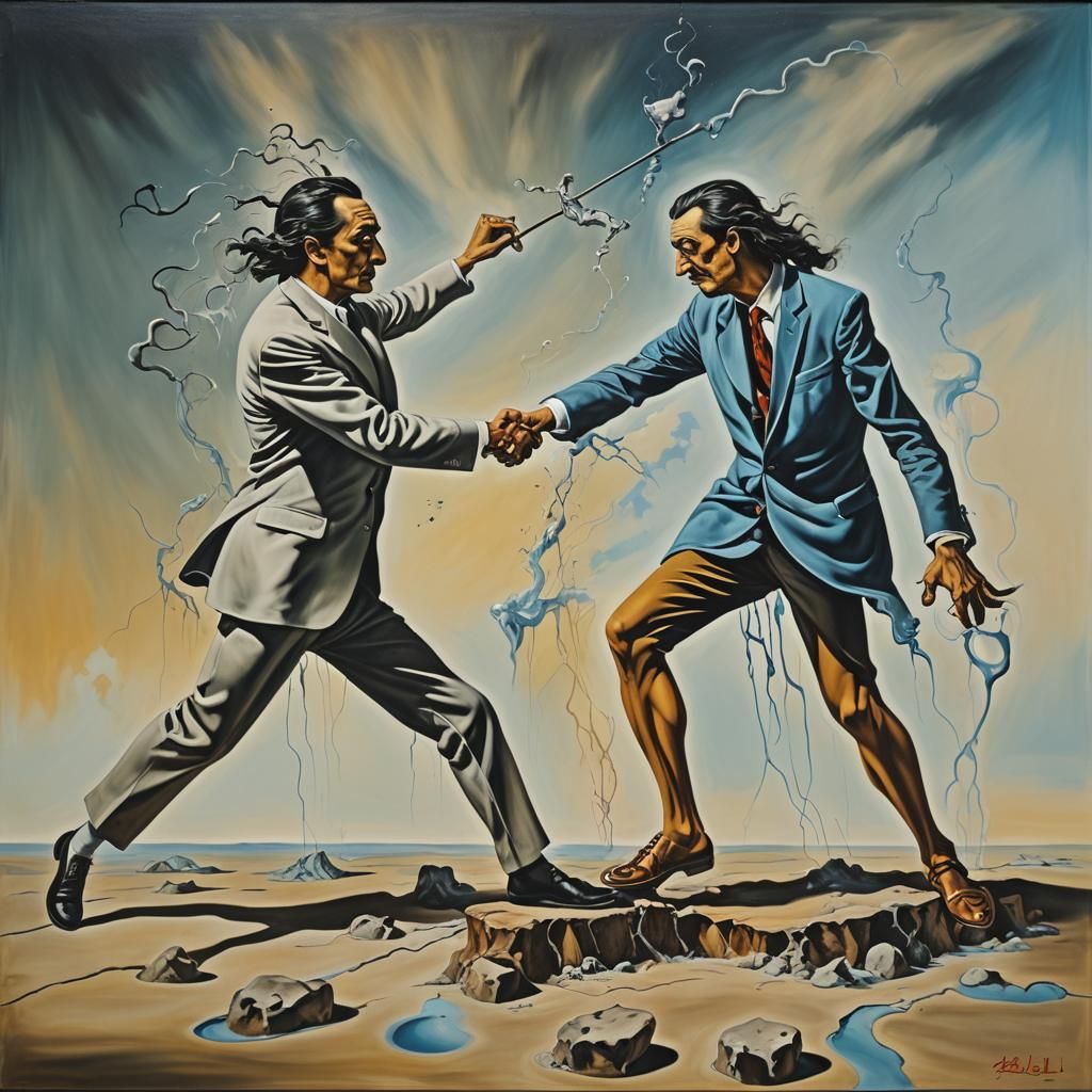 Surreal Fight Scene in Dali-esque Melting Oil Painting