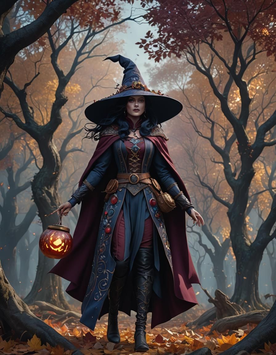 Autumn Witch with Dark Hair in Fantasy Art Style