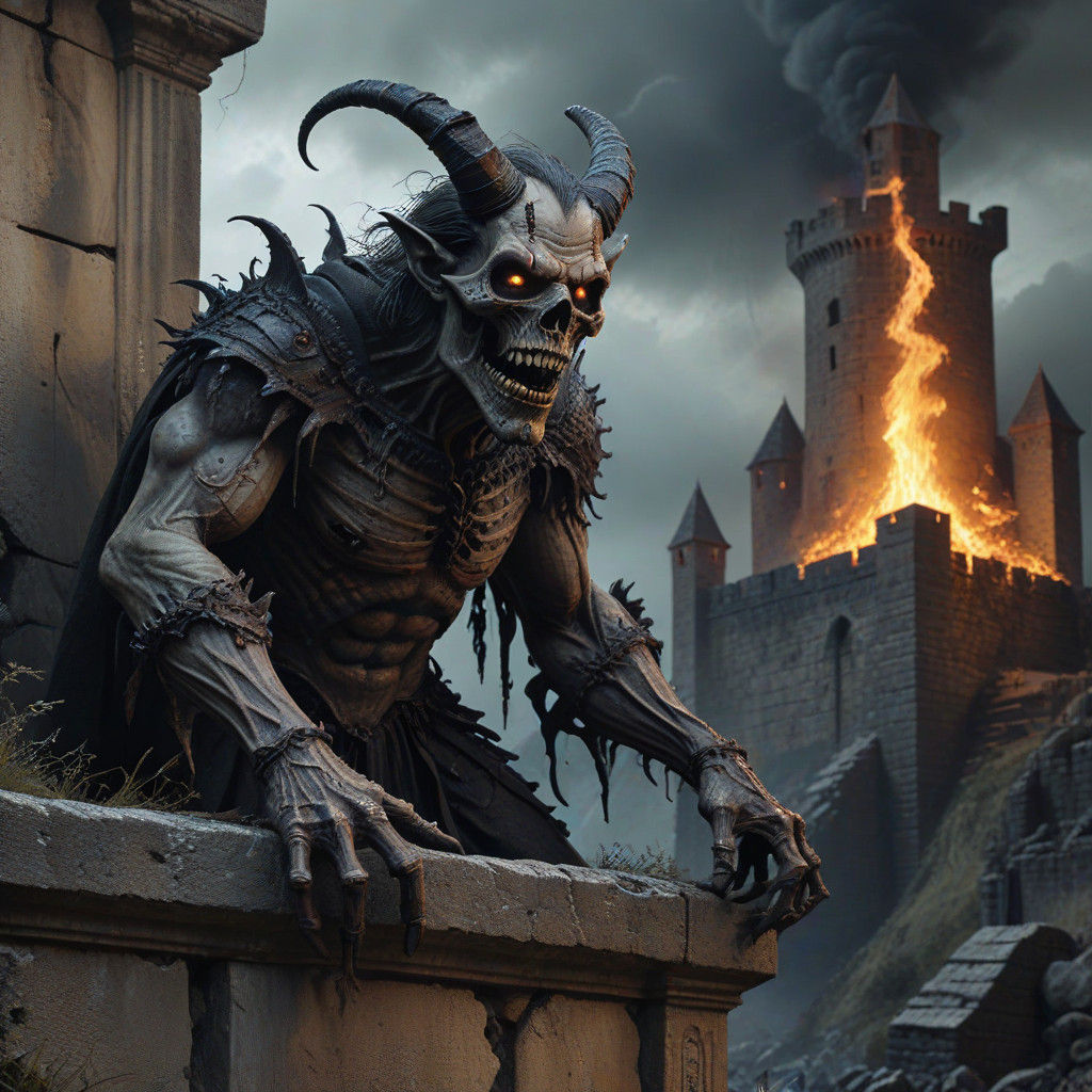 Haunted Demon on Ruined Castle Battlement in a Gothic Backgr...
