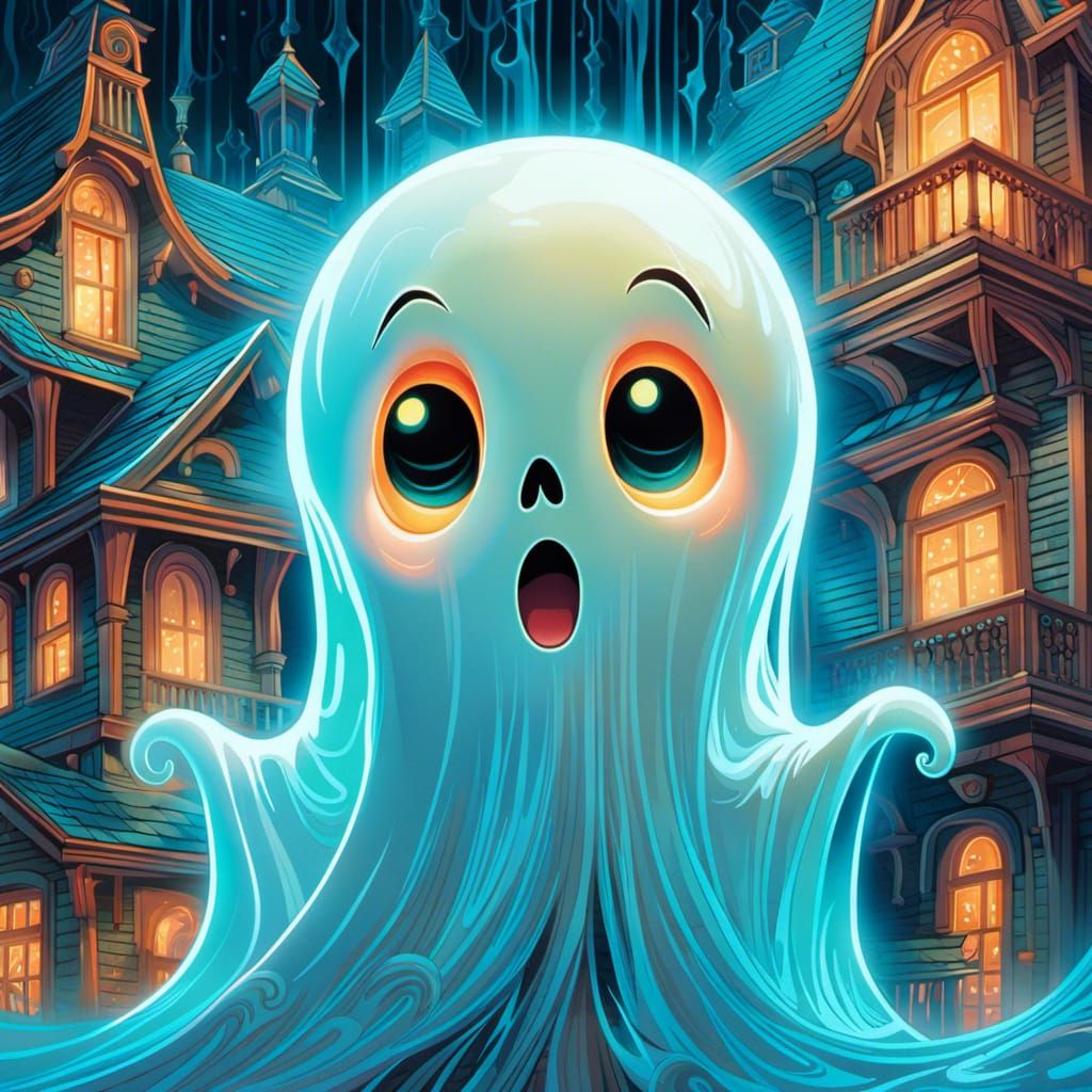 Cute Ghost in Haunted House: Pop Surrealism Illustration