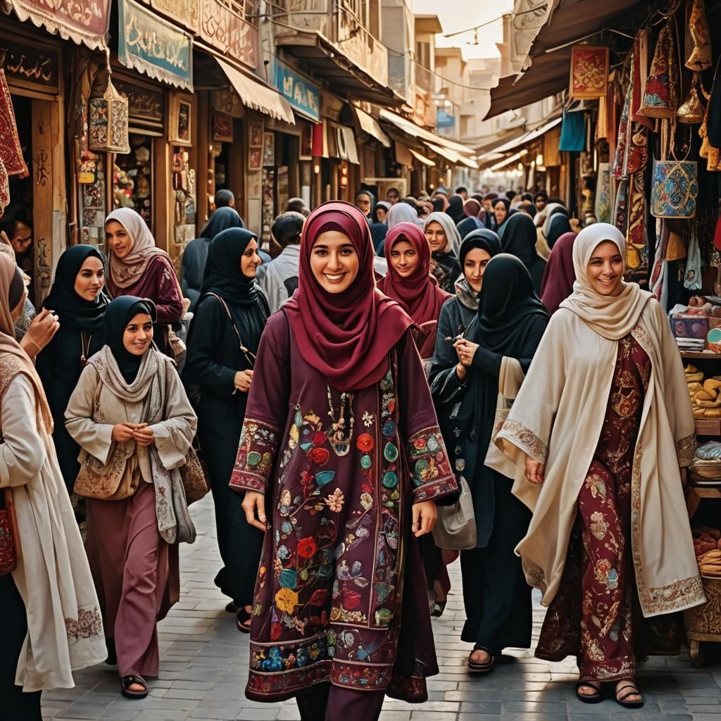Vibrant Turkish Souk Scene with Embroidered Abaya