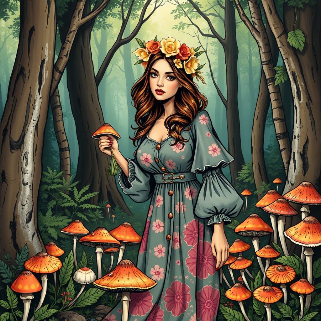 Comic Book Beauty Collects Mushrooms in Vibrant Forest