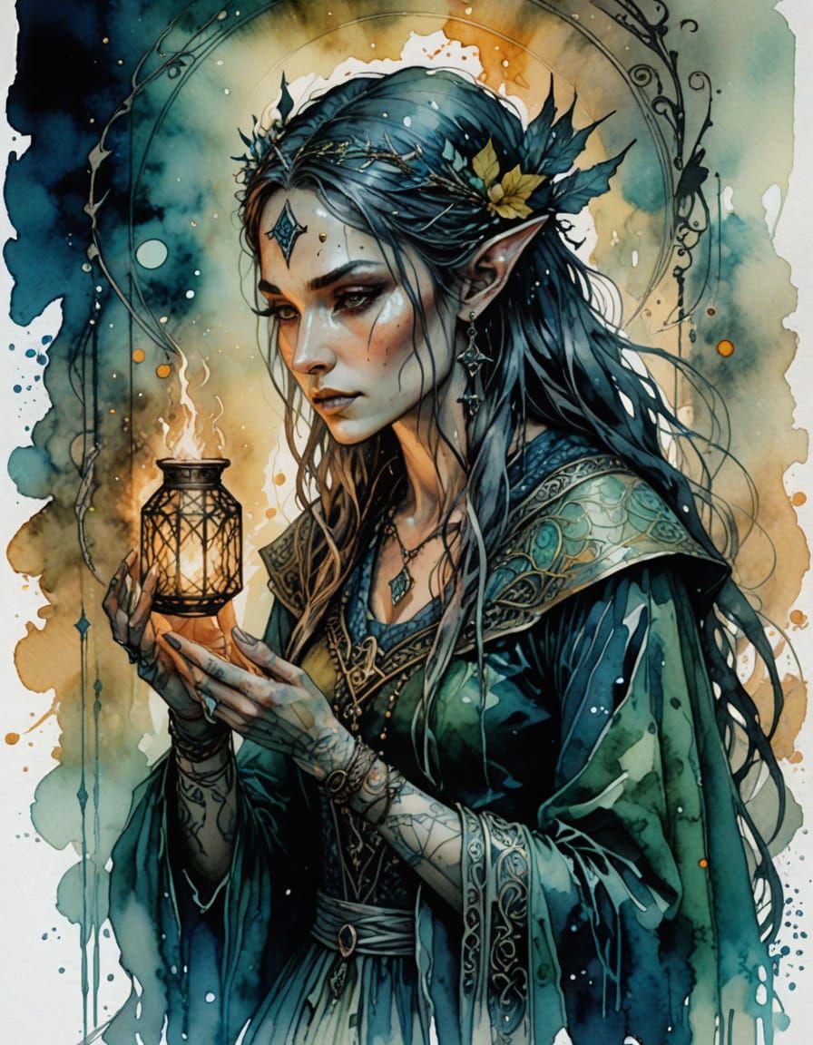 Elven Sorceress with Tarot Cards in Watercolor Style
