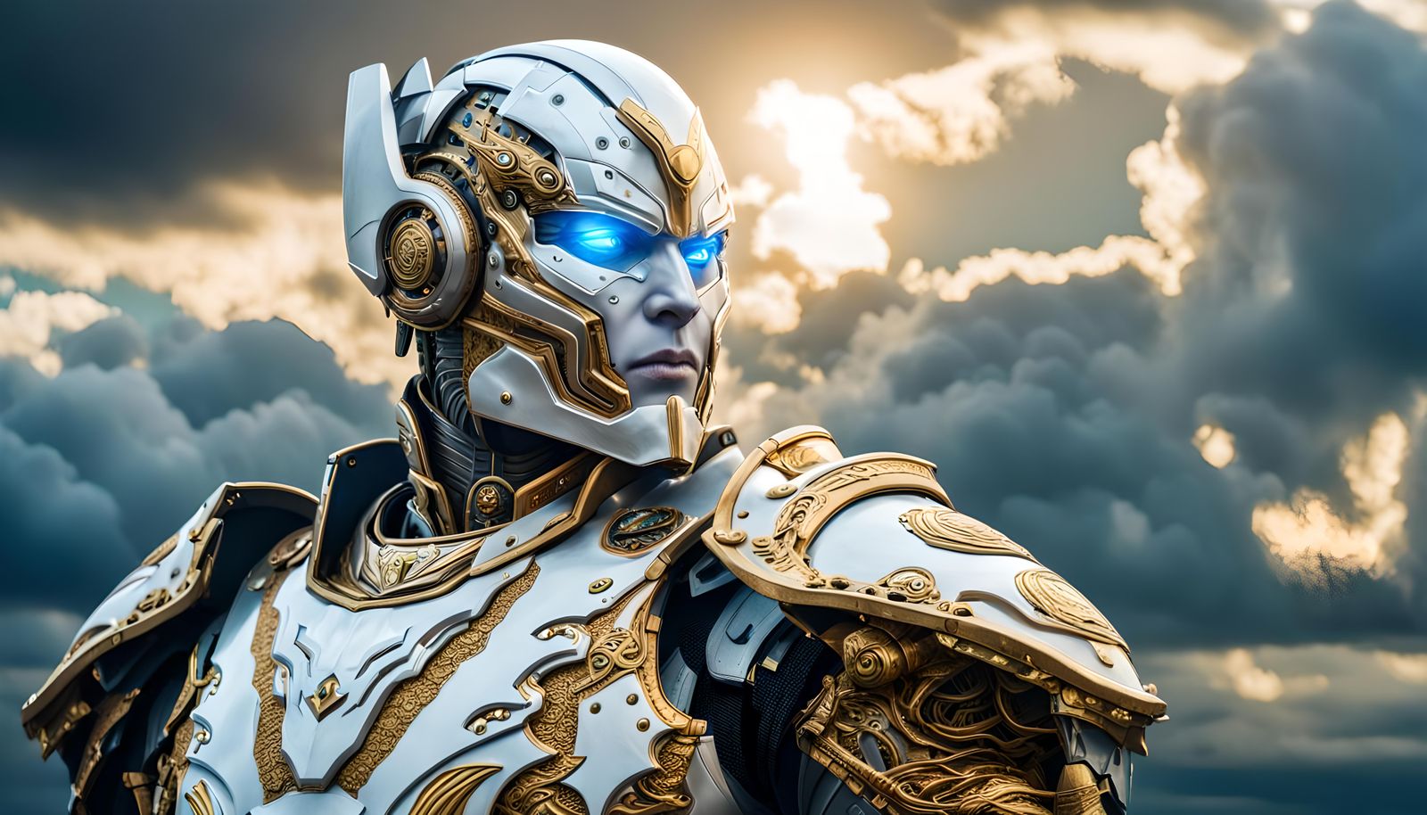 Armored Cyborg Warrior with Vivid Blue Eyes