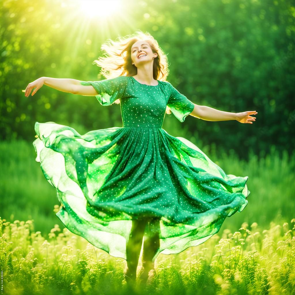 Woman Dancing in Sunlit Field with Green Dress