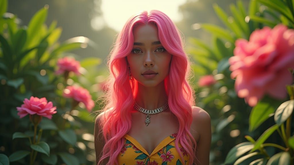 Indian Girl with Pink Hair in Jungle, CGI Render