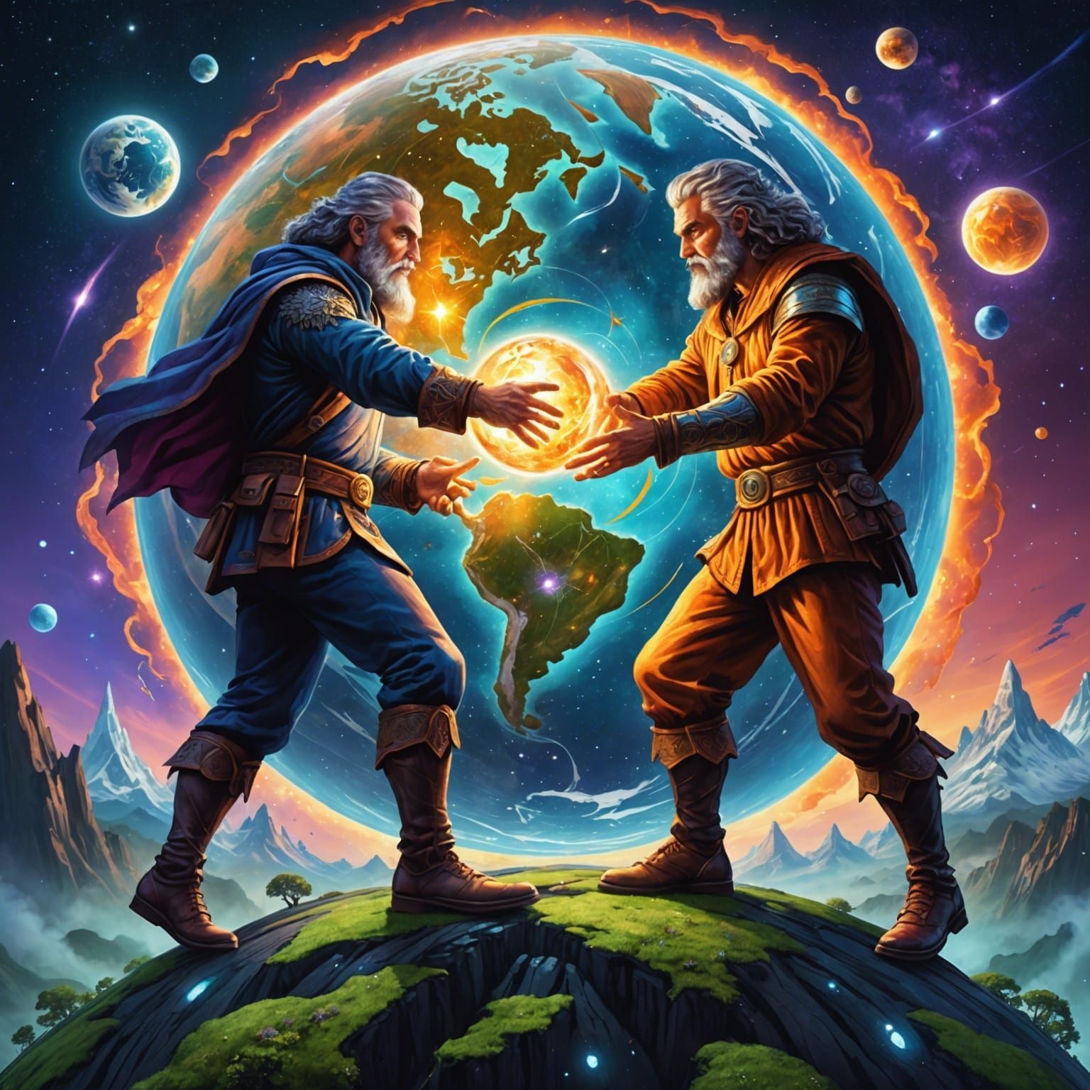 Giants Manipulate Earth: Cosmic Mixed Media Illustration