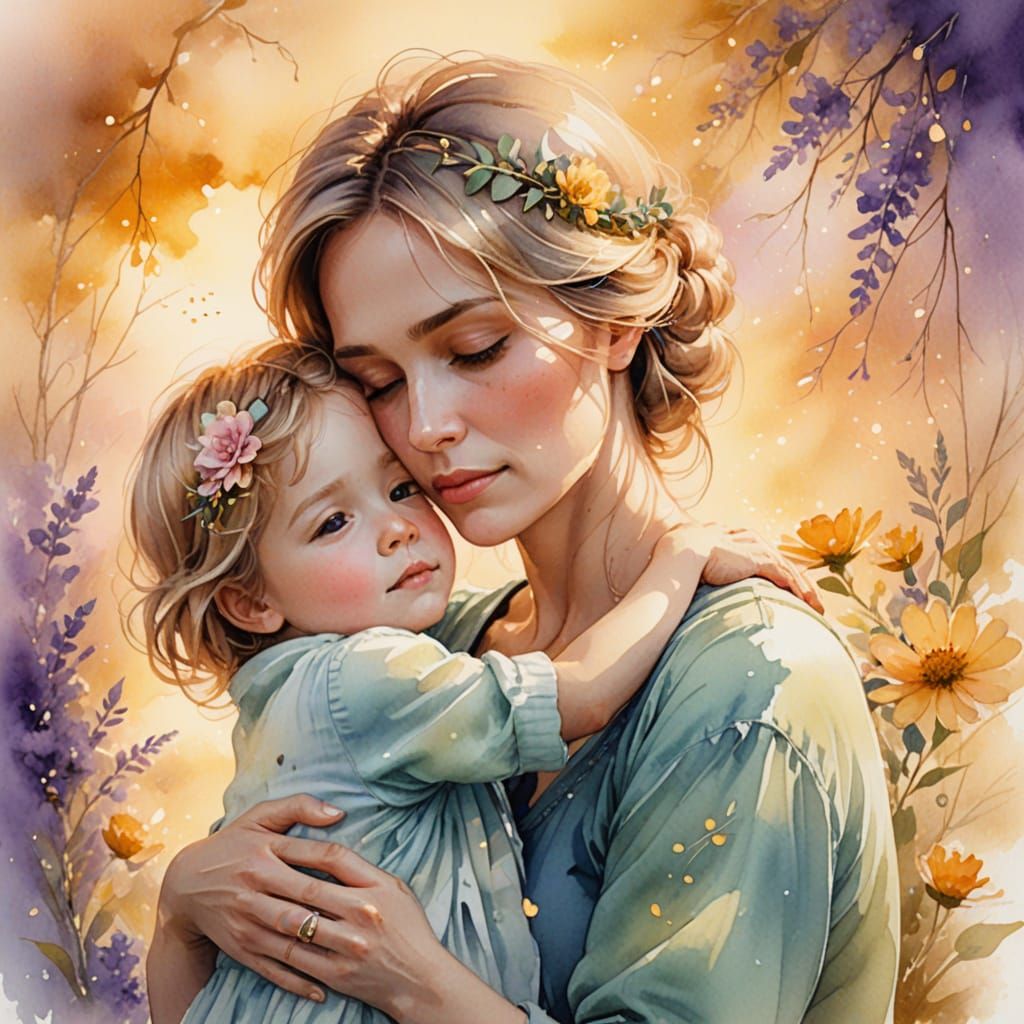Heartwarming Mother and Child in Watercolor Illustration