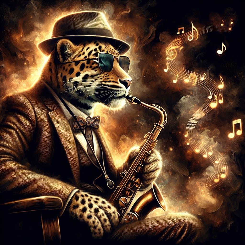 Leopard Saxophonist in Post-Impressionist Style