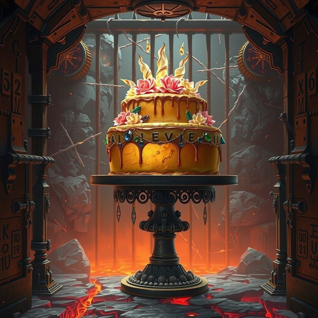 Neon Cake in Ancient Iron Jail Box, Surrounded by Mystical G...