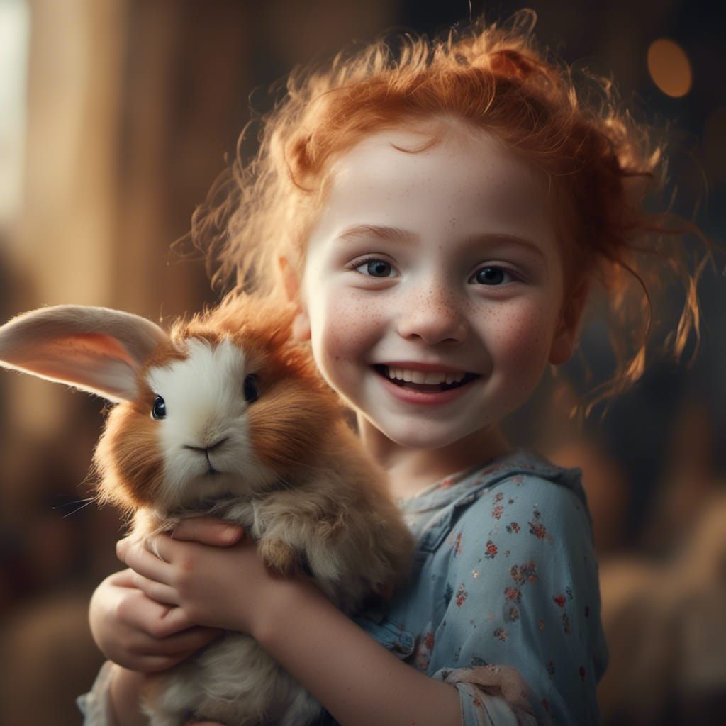 Happy Redhead Girl with Rabbit Pet