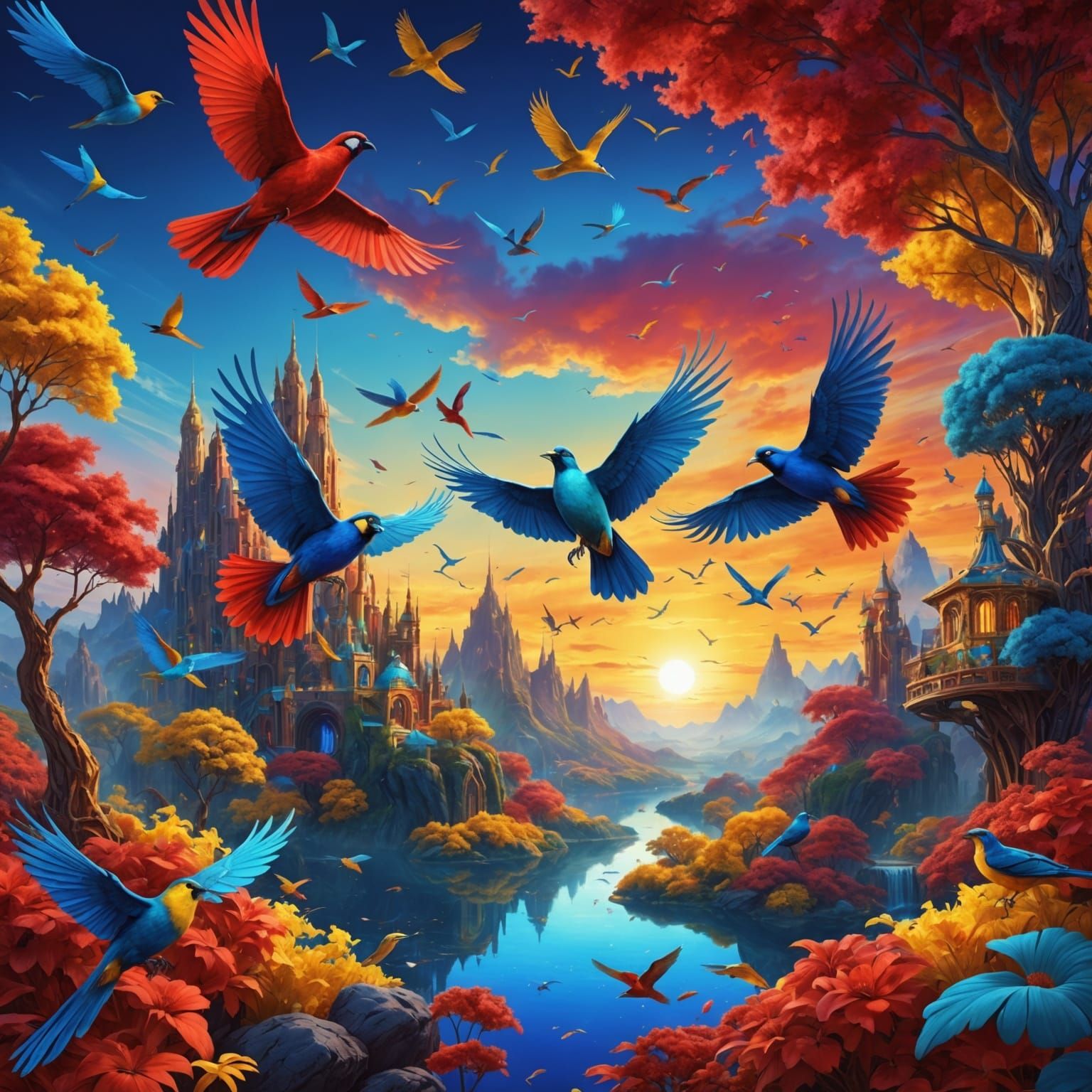 Colorful Futuristic Dreamscape with Paradise Birds