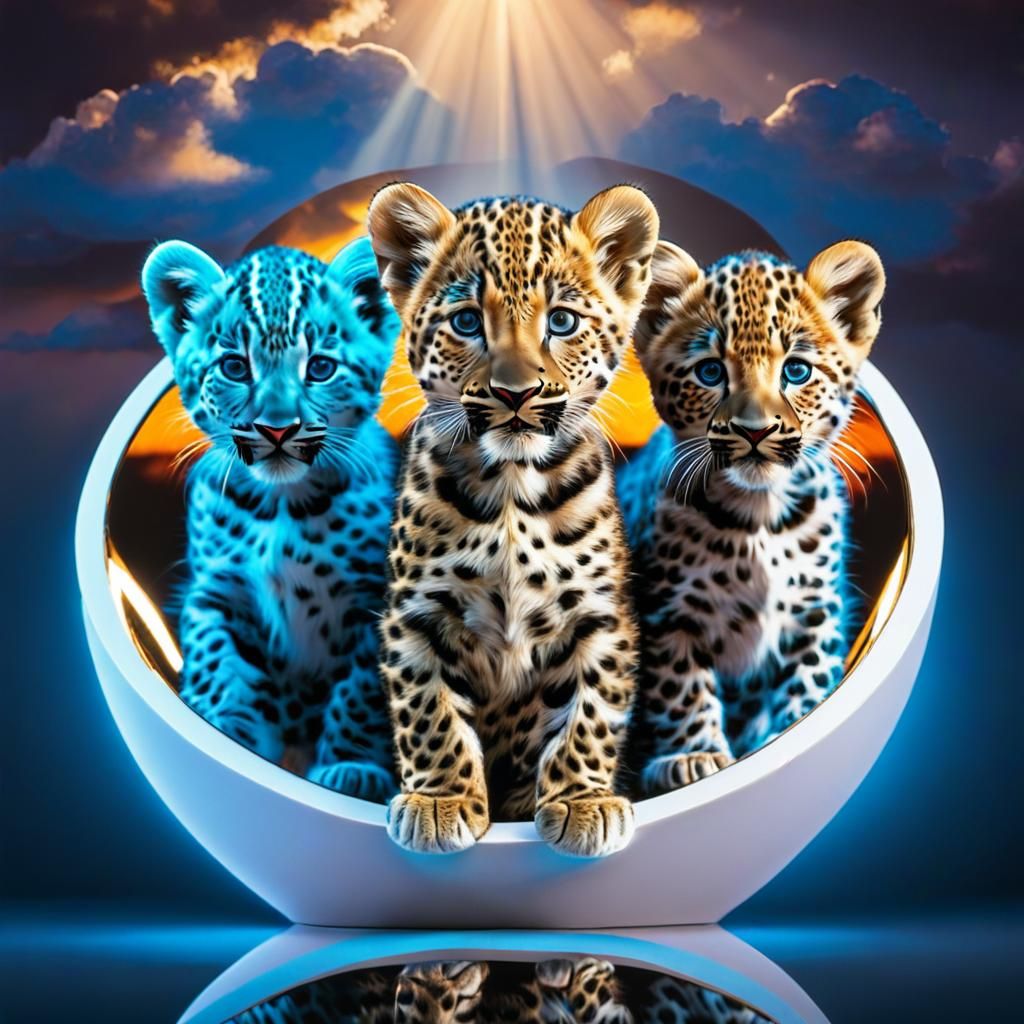 Kaleidoscopic Leopard Cubs in Dreamlike Setting