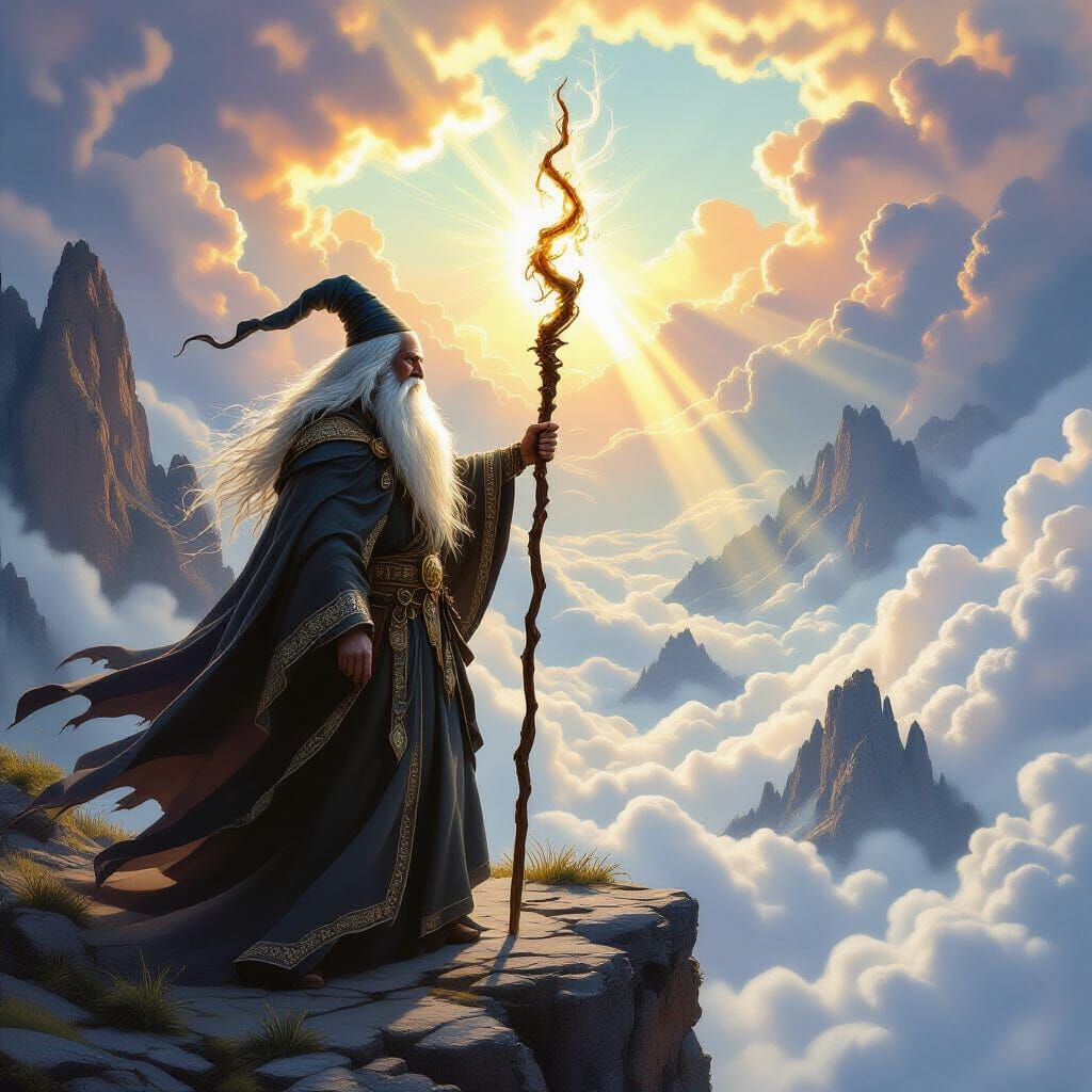 Wise Wizard on Mountain Cliff with Glowing Staff
