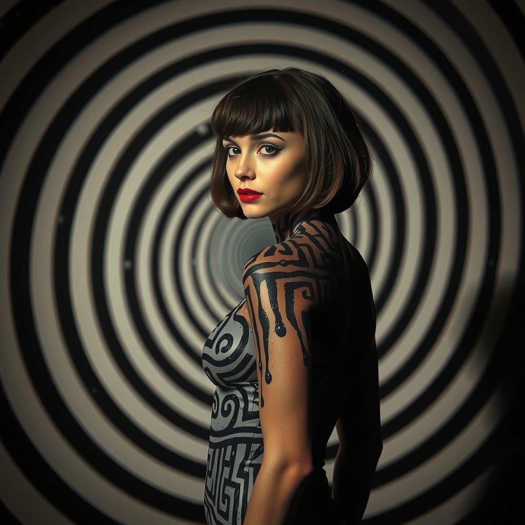 Vintage Goddess in Hypnotic Optical Illusion