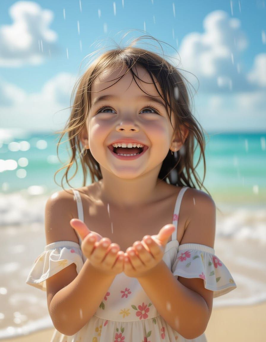 Joyful Girl Laughing in Summer Rain, Photorealistic Painting