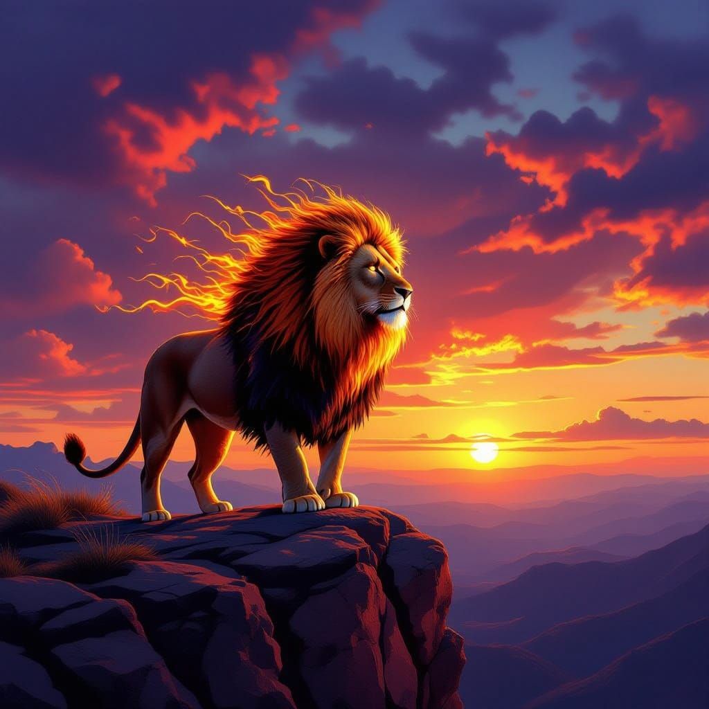 Majestic Lion King Reigns Over Sunset Landscape in Classical...