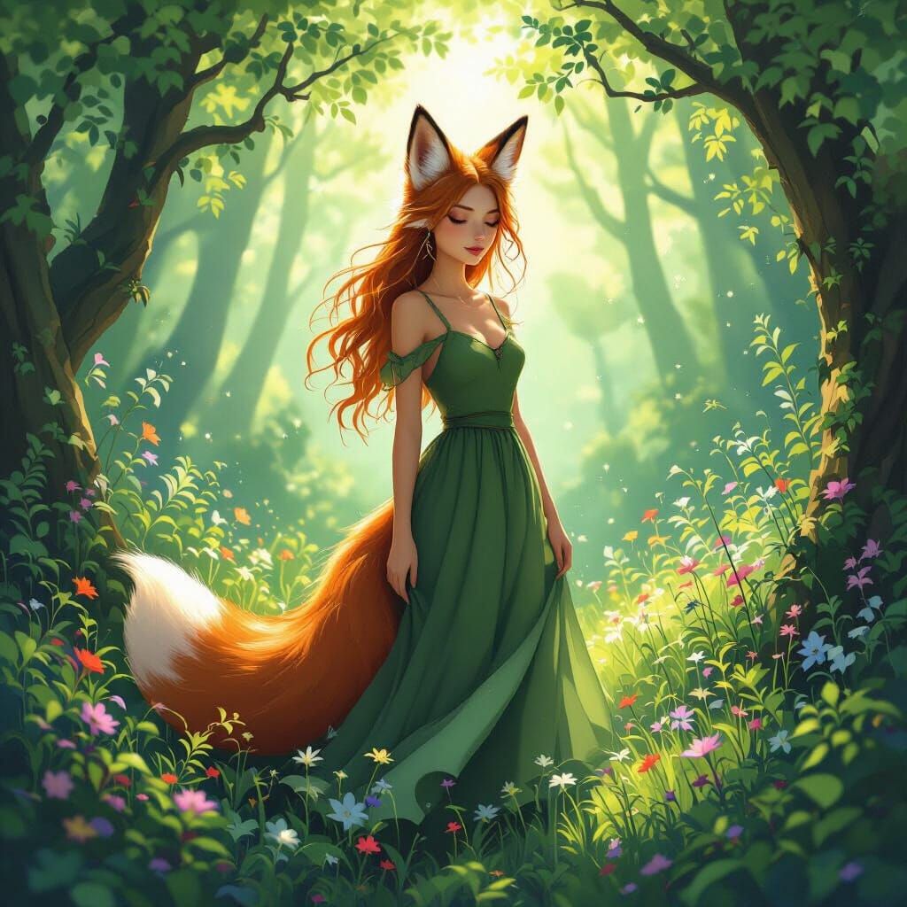 Enchanting Fox-Eared Woman in a Magical Forest