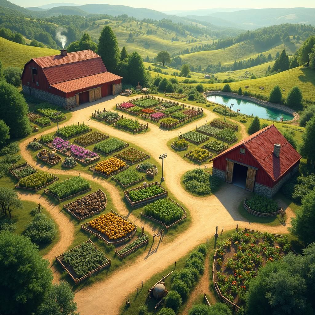 Sunlit Farm Bird's-Eye View as Matte Painting