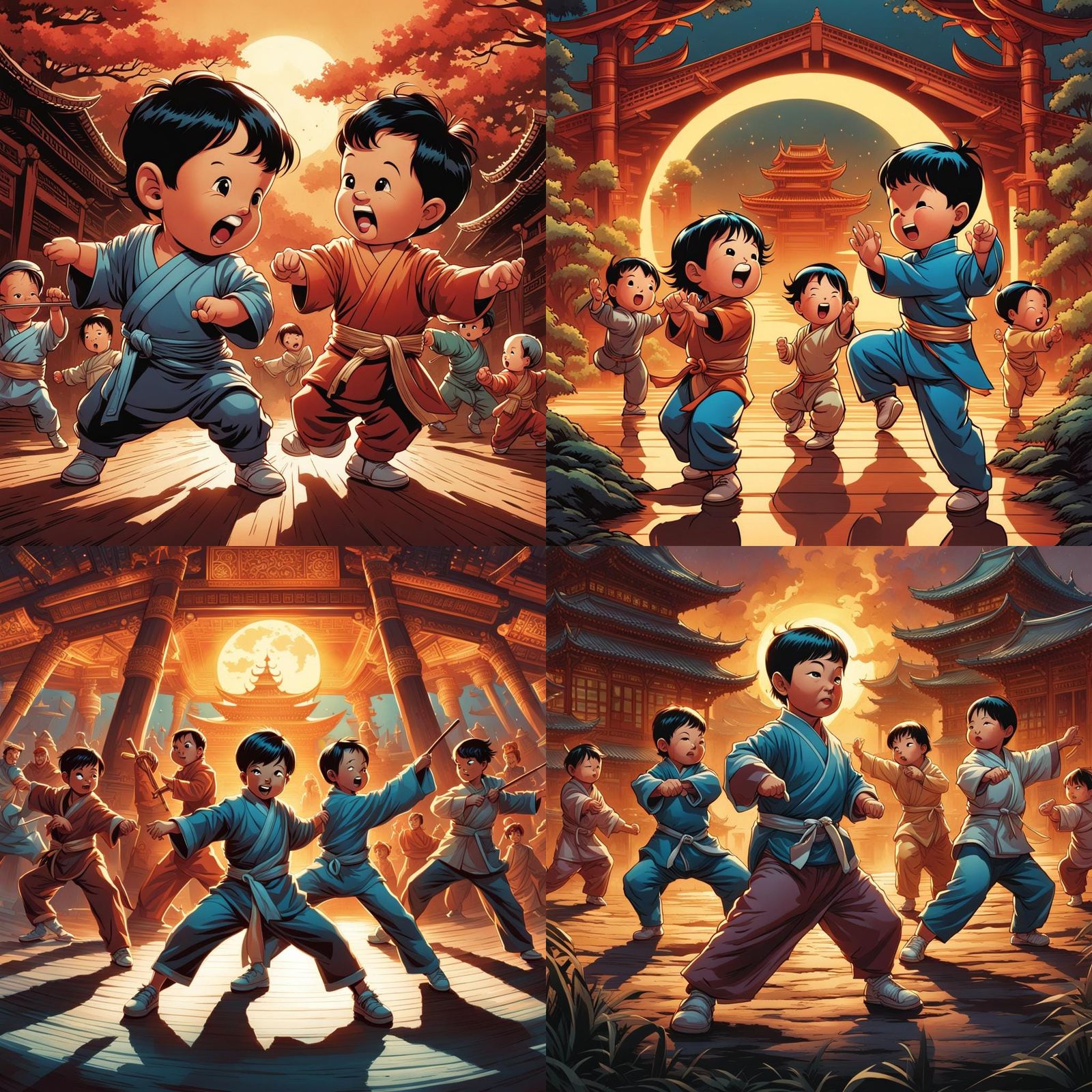 Toddlers Practice Tai-Chi in Comic Book Style