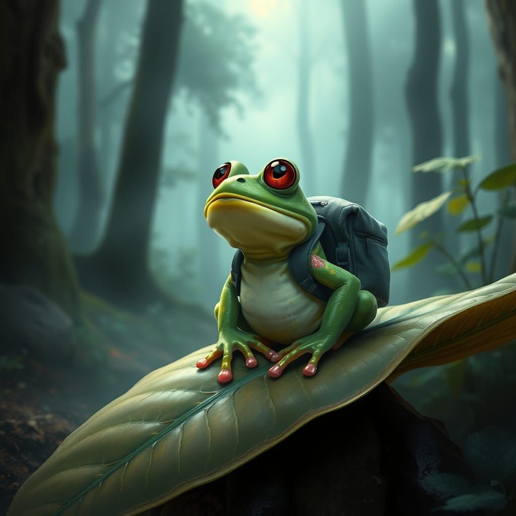 Surprised Frog with Backpack in Misty Forest