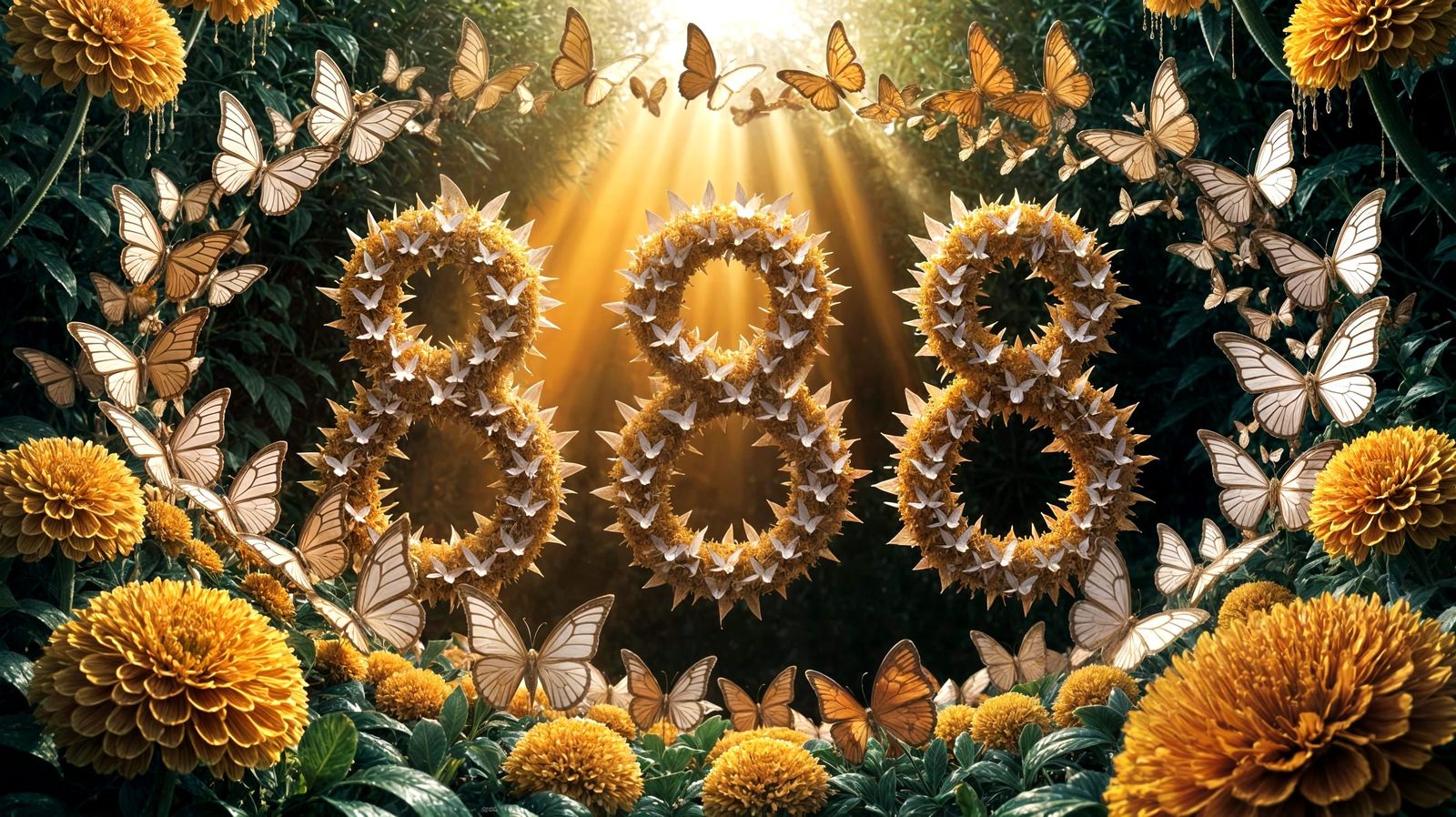3D render of a magical garden where the number '888' is form...