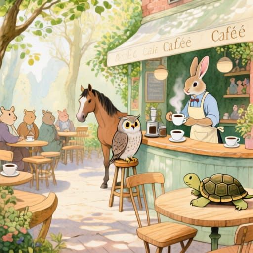 Whimsical Forest Cafe With Animal Patrons And Rabbit Barista