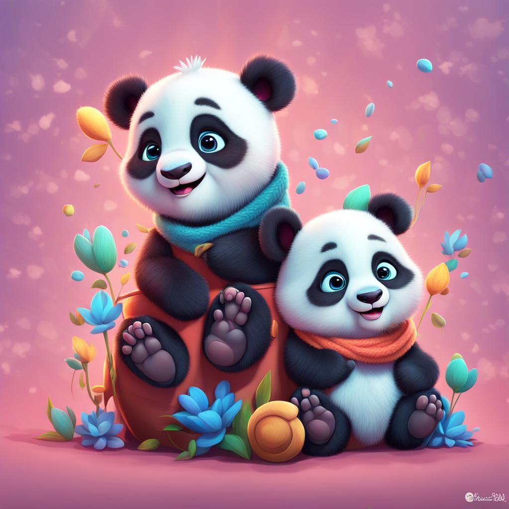 Cute Fluffy Baby Pandas in 3D Digital Art