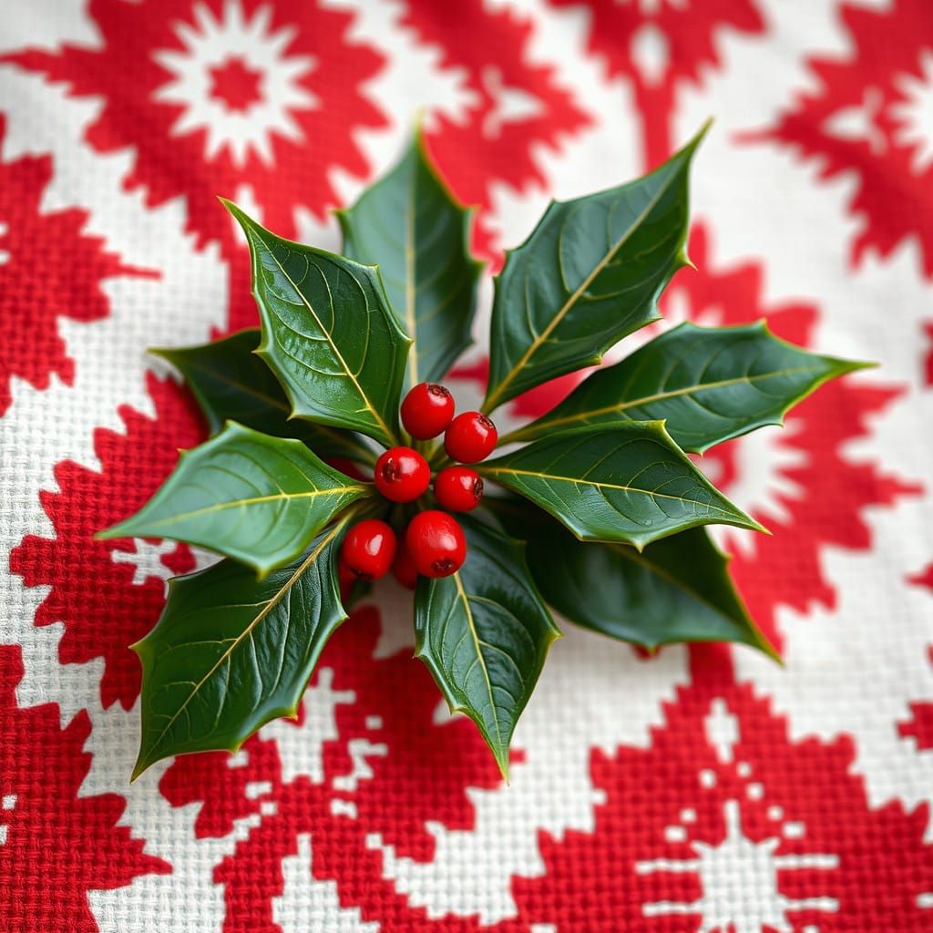 Holly Blooms on Vibrant Ikat Fabric in Folk-Art Style