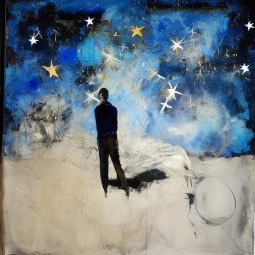 Abstract Stars Over Polar Landscape Oil Painting