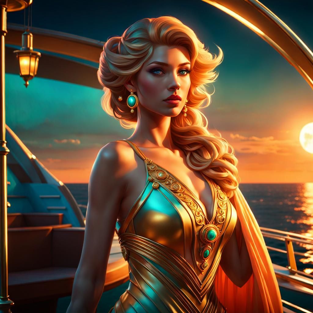 Princess Peach Yacht Portrait in Art Nouveau Style