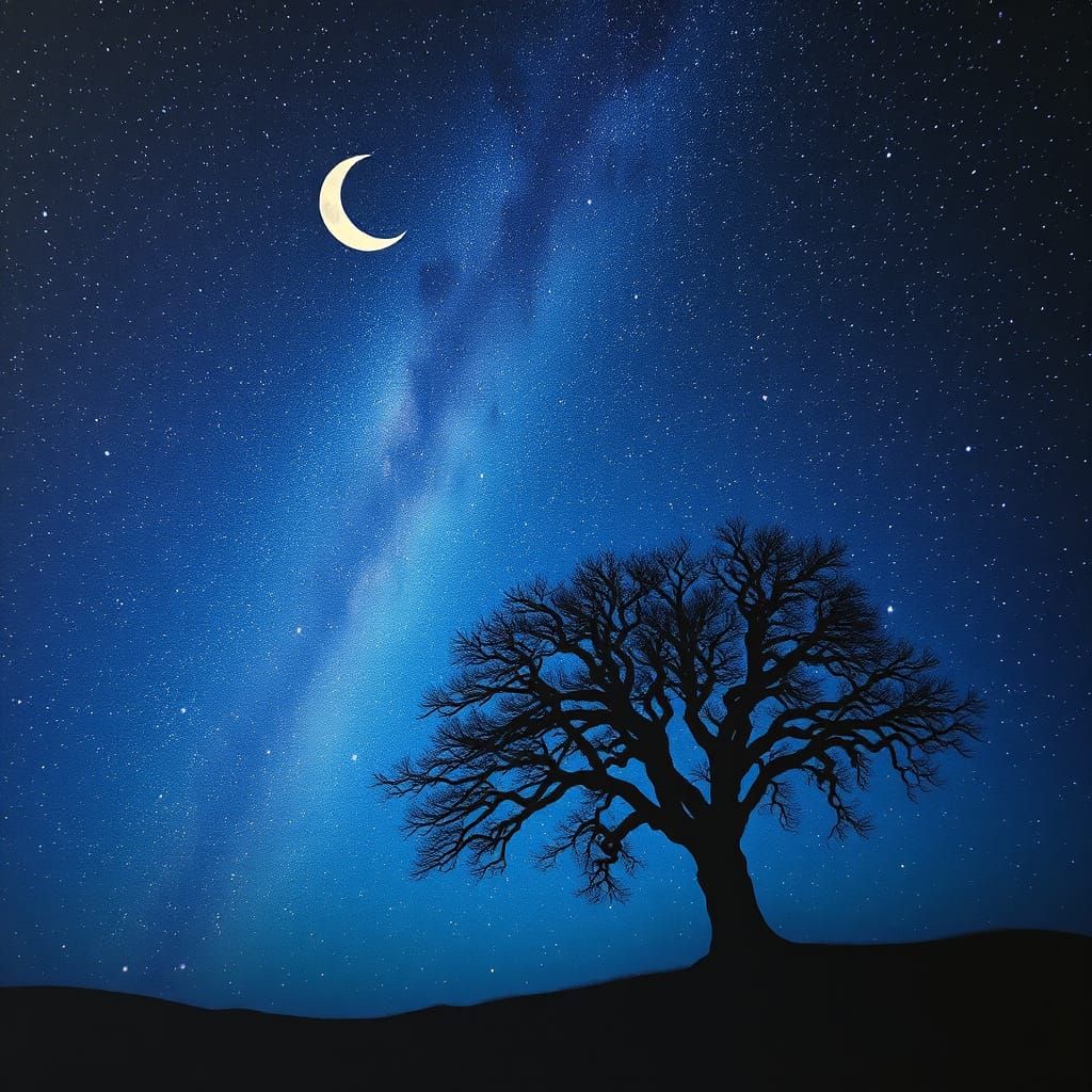 Starry Night Sky Over Ancient Tree