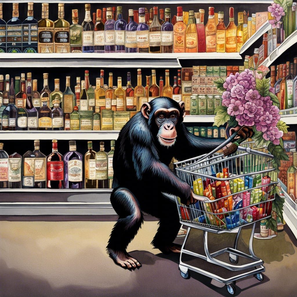 Chimpanzee's Supermarket Liquor Run: Collage Art