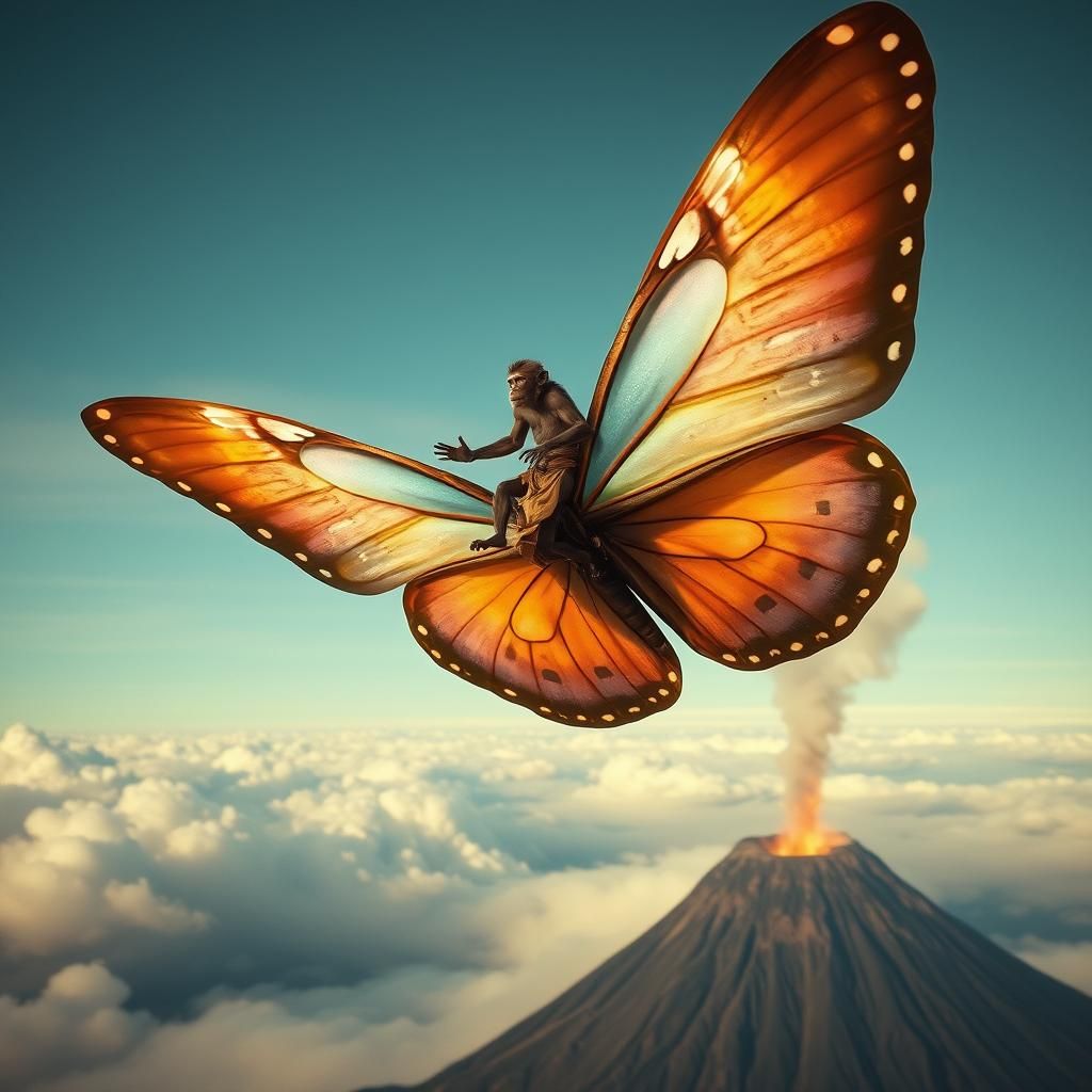 Monkey Riding Butterfly Soaring Over Volcano