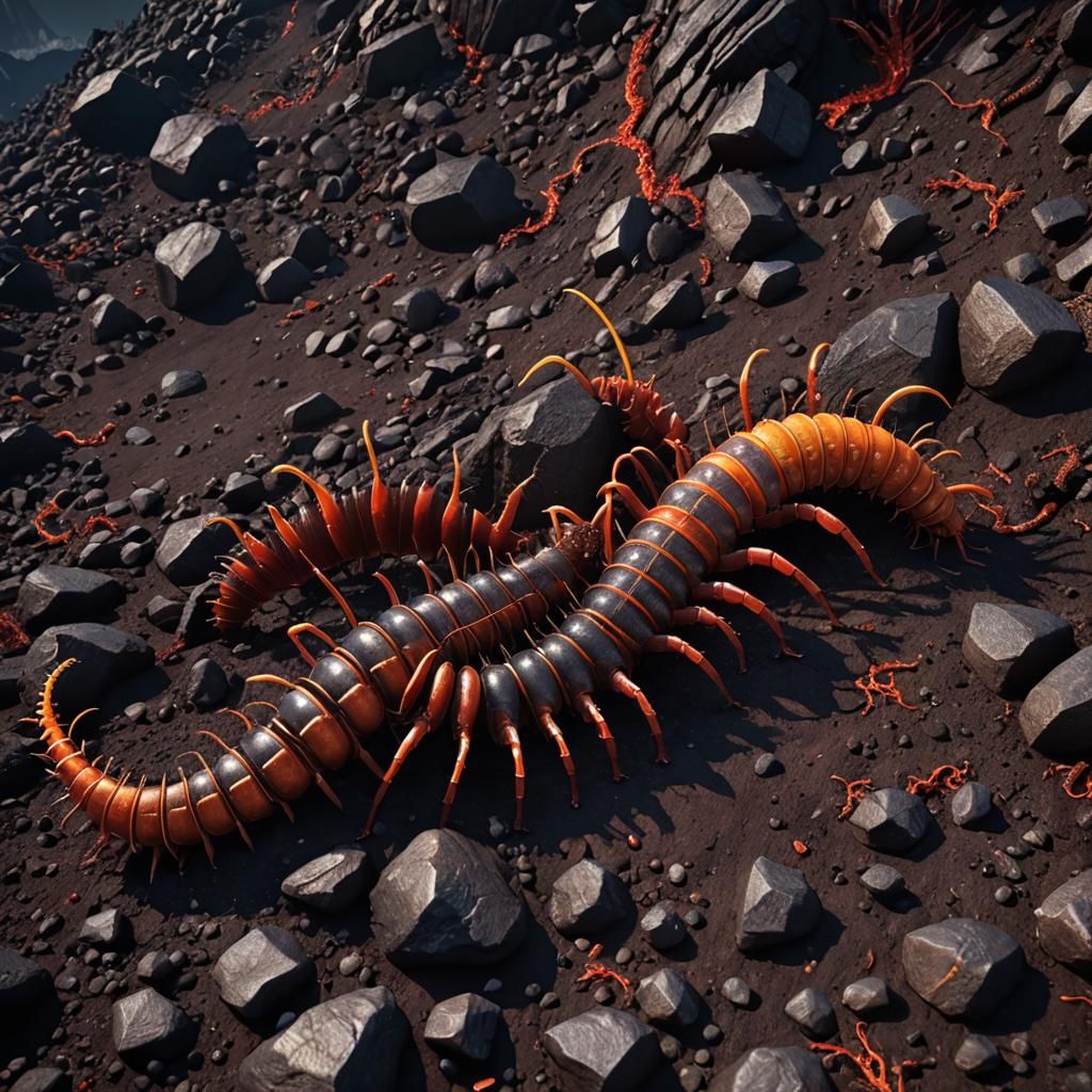 Mutated Centipede on Volcano in Horror Style