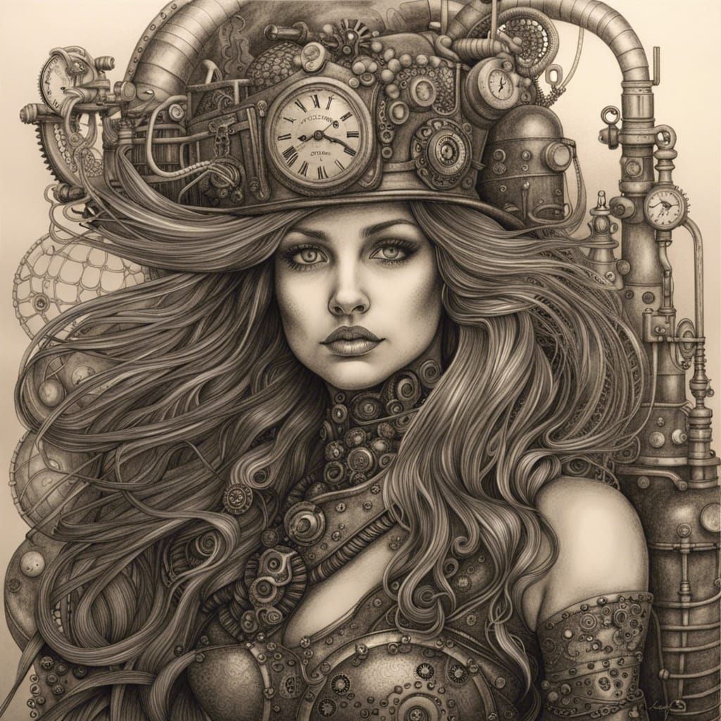 Steampunk Mermaid in Detailed Charcoal Drawing