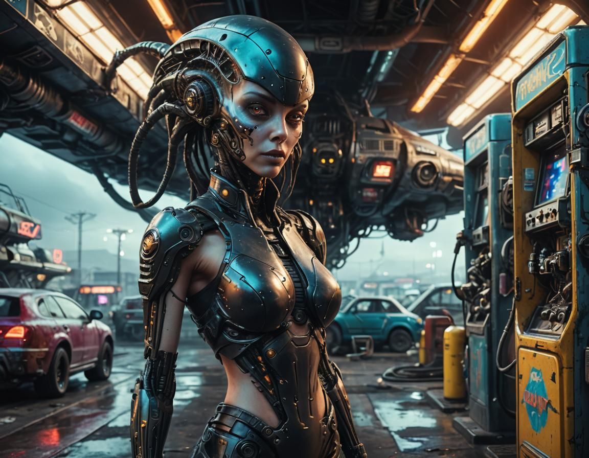 Biomechanical Alien at Cyberpunk Gas Station
