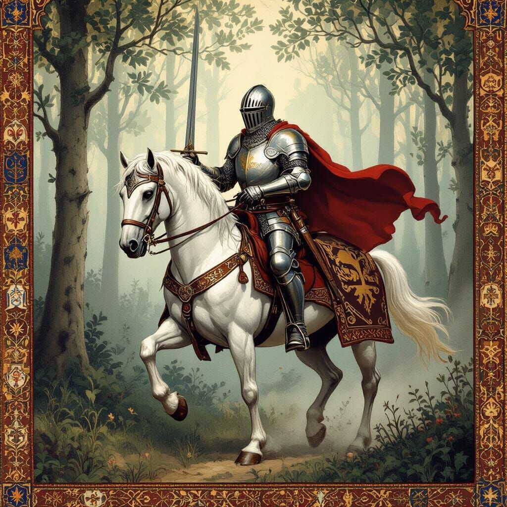 Knight Yvain on Horseback in Misty Forest, Medieval Tapestry...