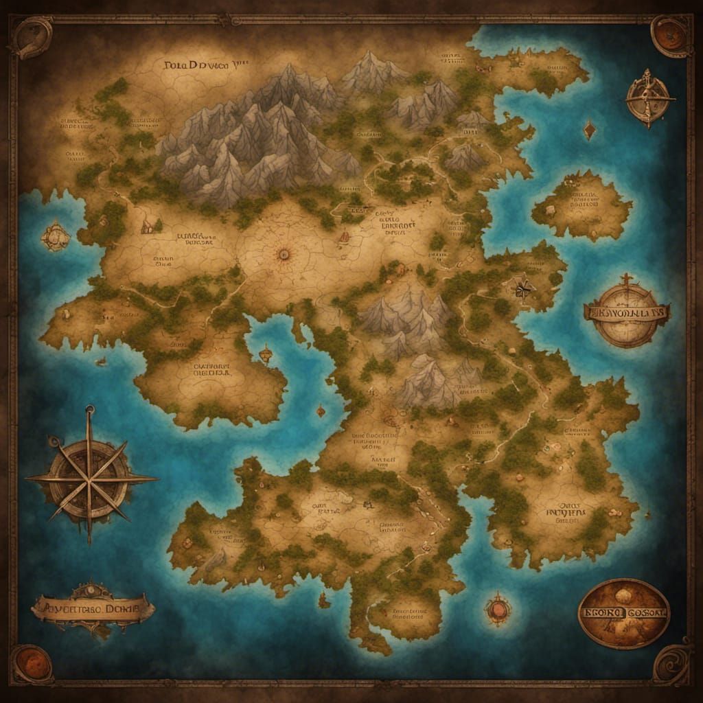 Fantasy World Map in Old Parchment Style