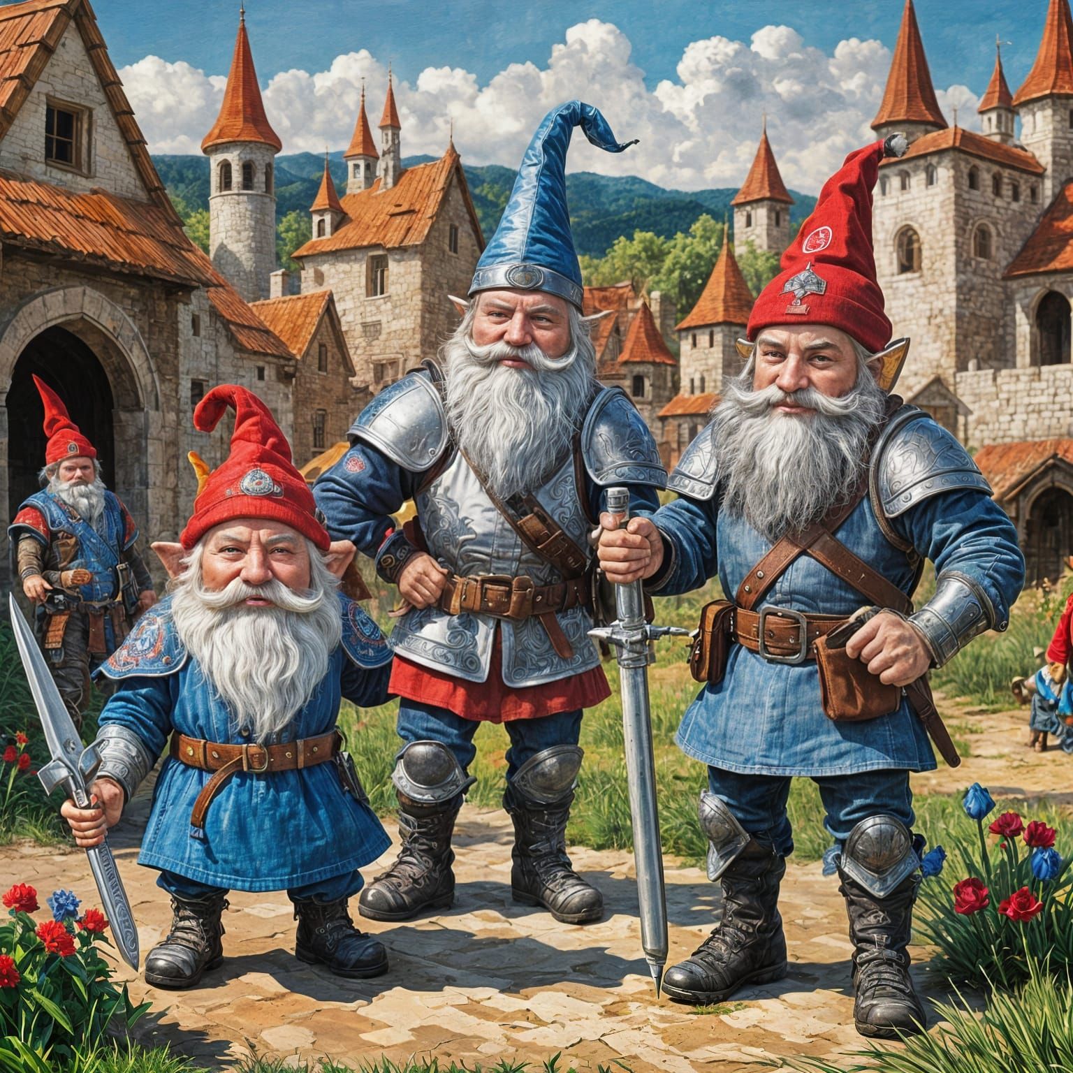 Gnomes Jousting in Medieval Village, Fauvism Style