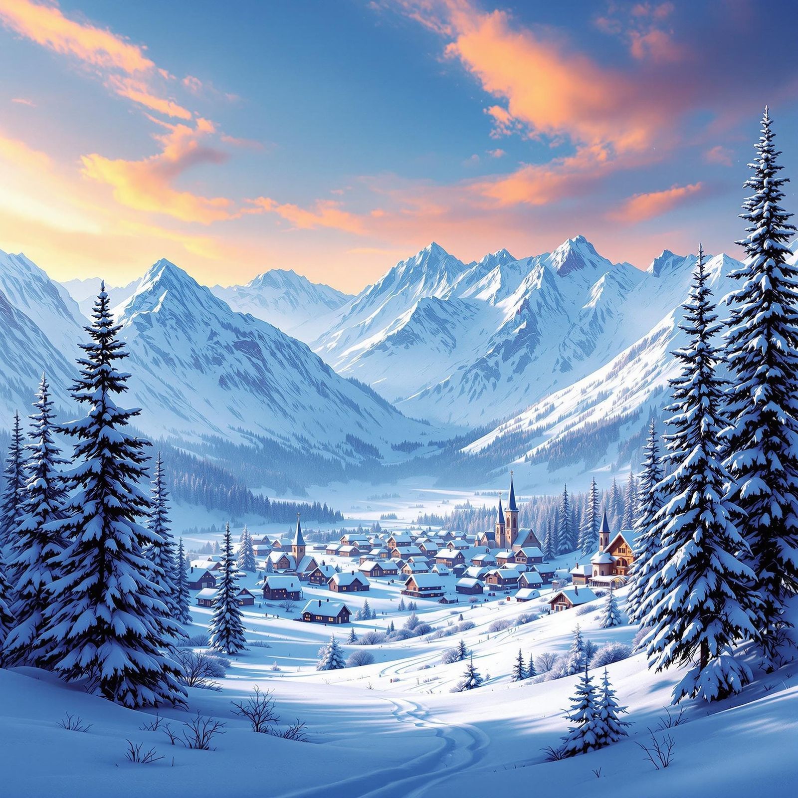 Snowy Mountain Village: A Winter Landscape Concept Art
