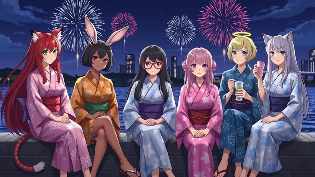 Women Celebrate Summer Festival Fireworks