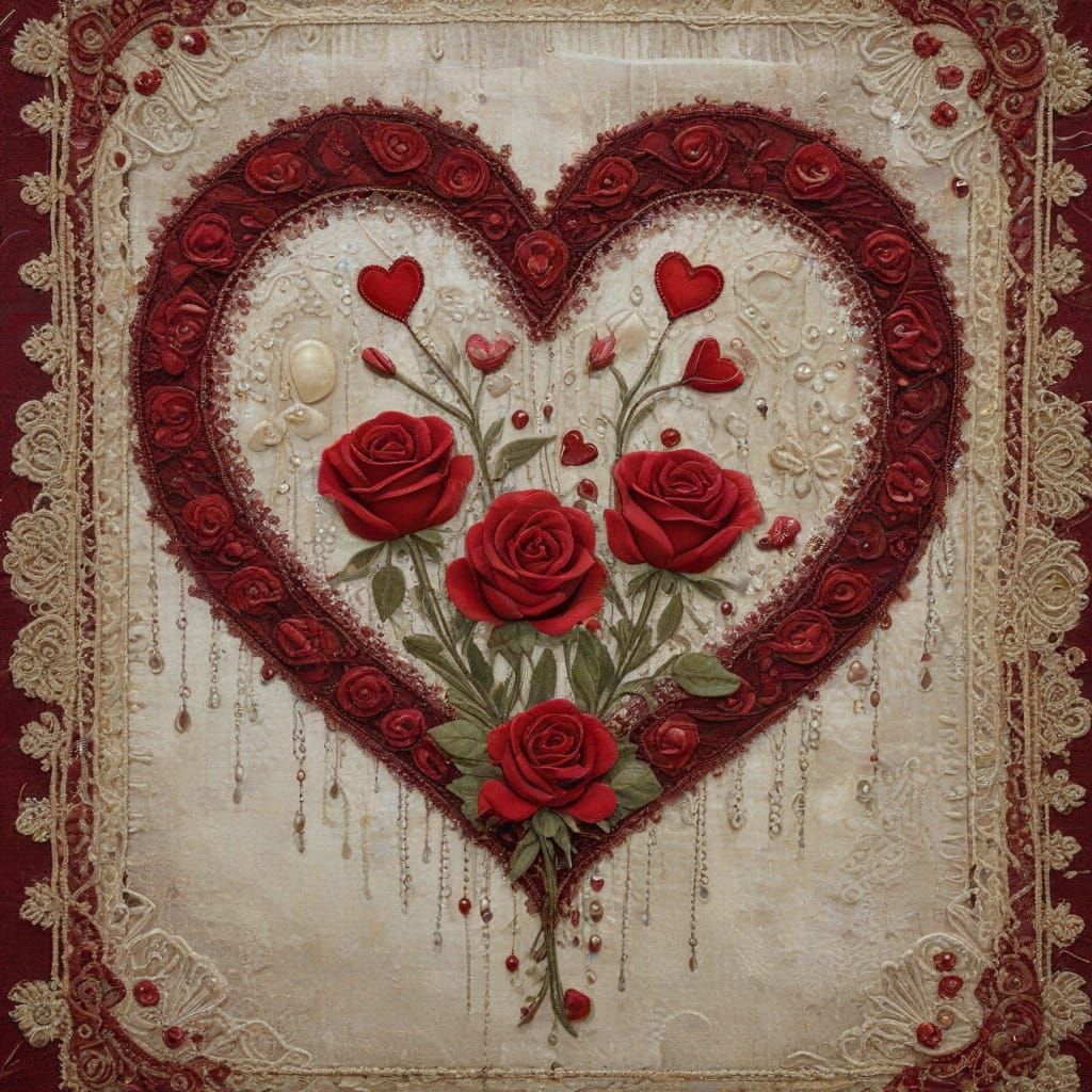 Mixed media fabric collage with added textured embroidery of  romantic floral with red roses
