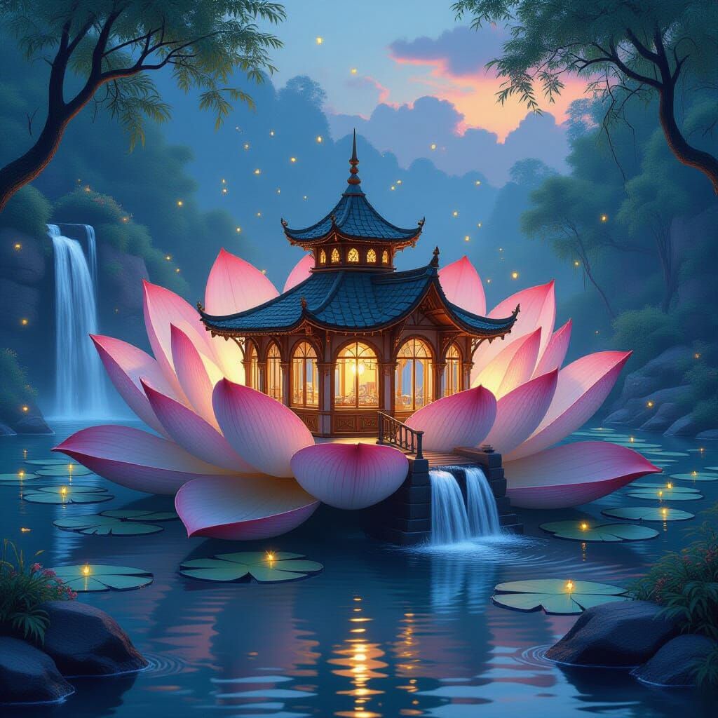 Lotus Flower Train Station at Dusk, Digital Matte Painting