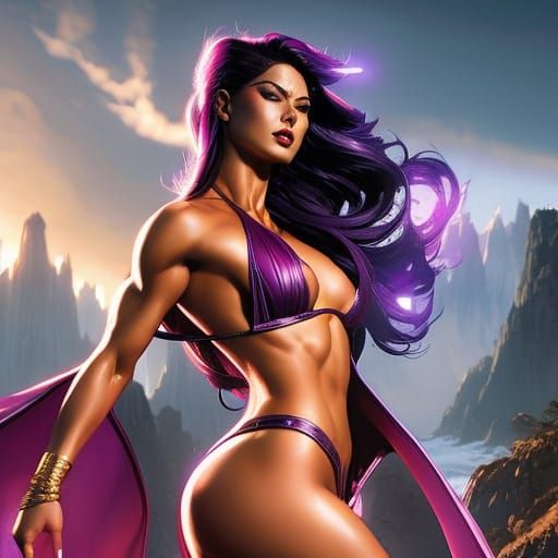 Muscular Woman on Beach in Fantasy Art Style
