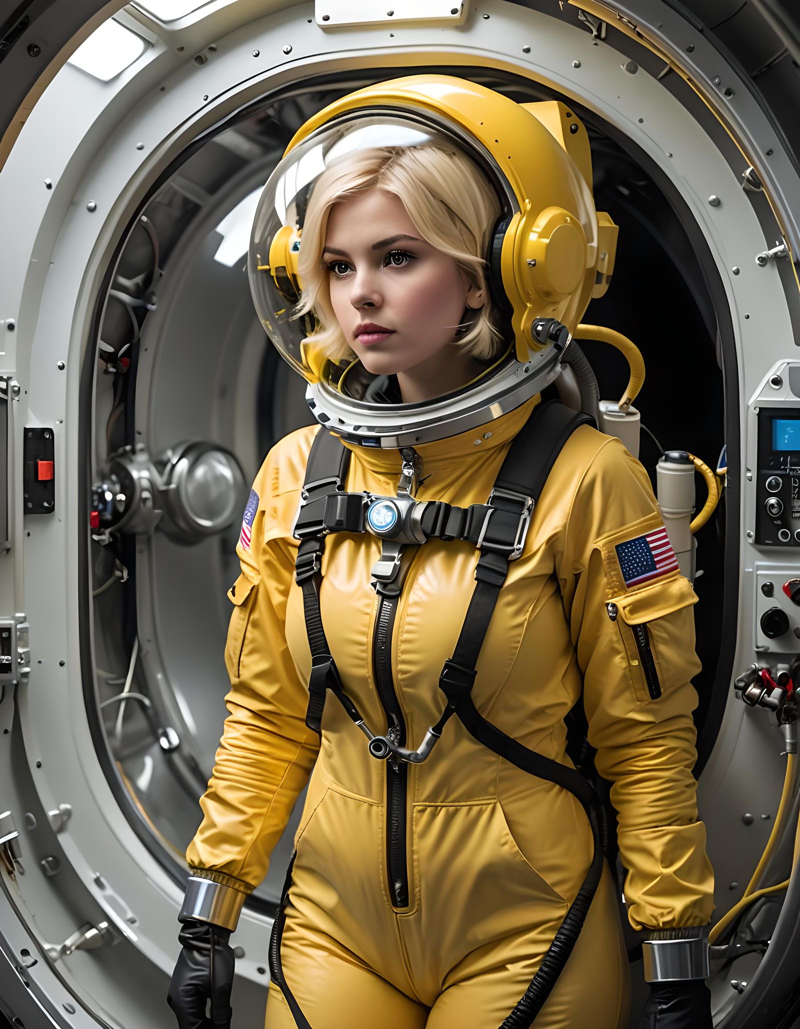 Voluptuous Blonde in Yellow Spacesuit Inside Airlock