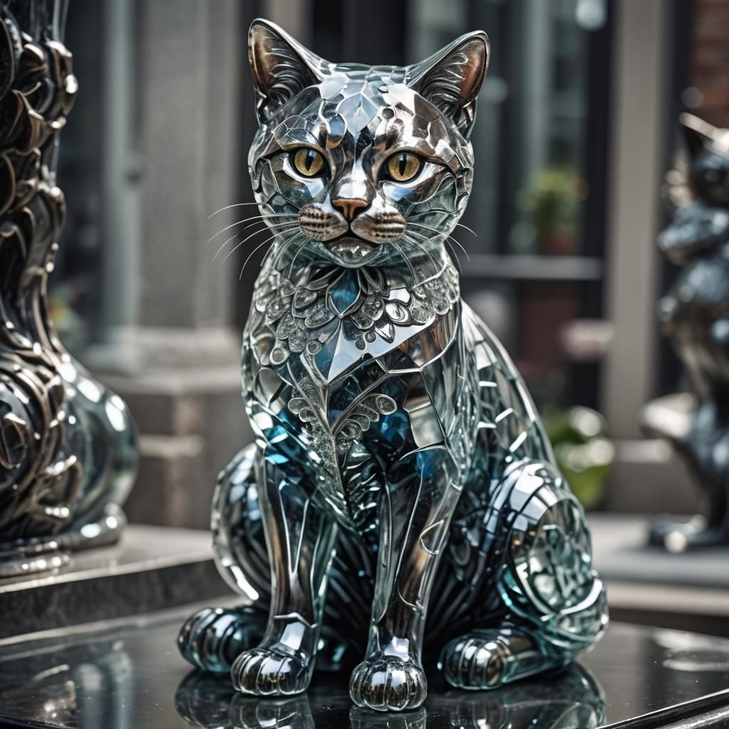 Hyperrealistic Glass Cat Statue in Sharp Focus