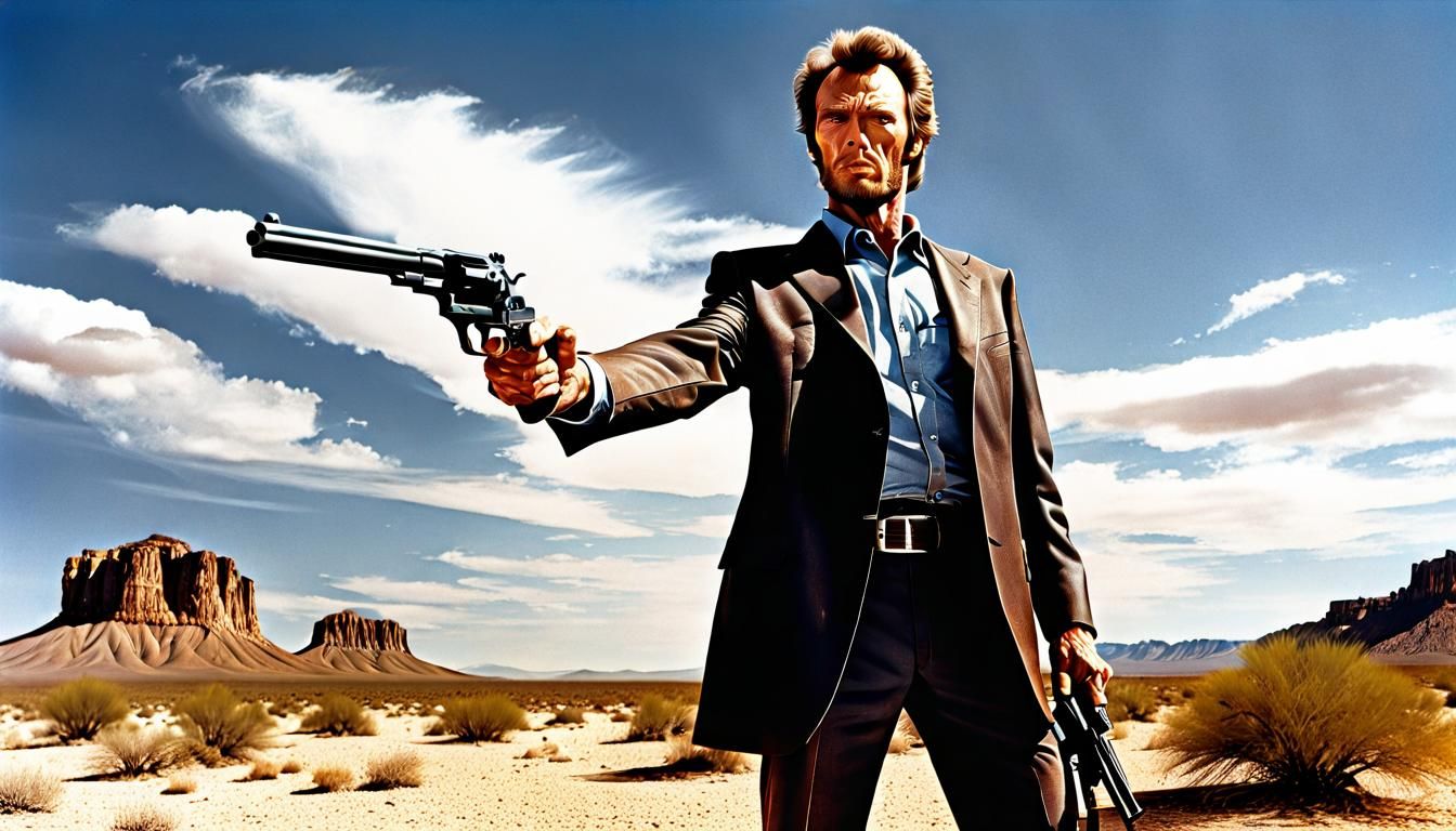 Dirty Harry Standoff in Desert Sun: Hyperrealistic Digital A...